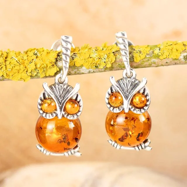 Honey baltic Amber Sterling Silver Owl Drop Earrings