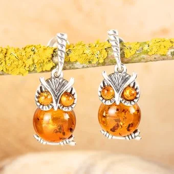 Baltic Amber Sterling Silver Owl Earrings Baltic Amber Sterling Silver Owl Earrings