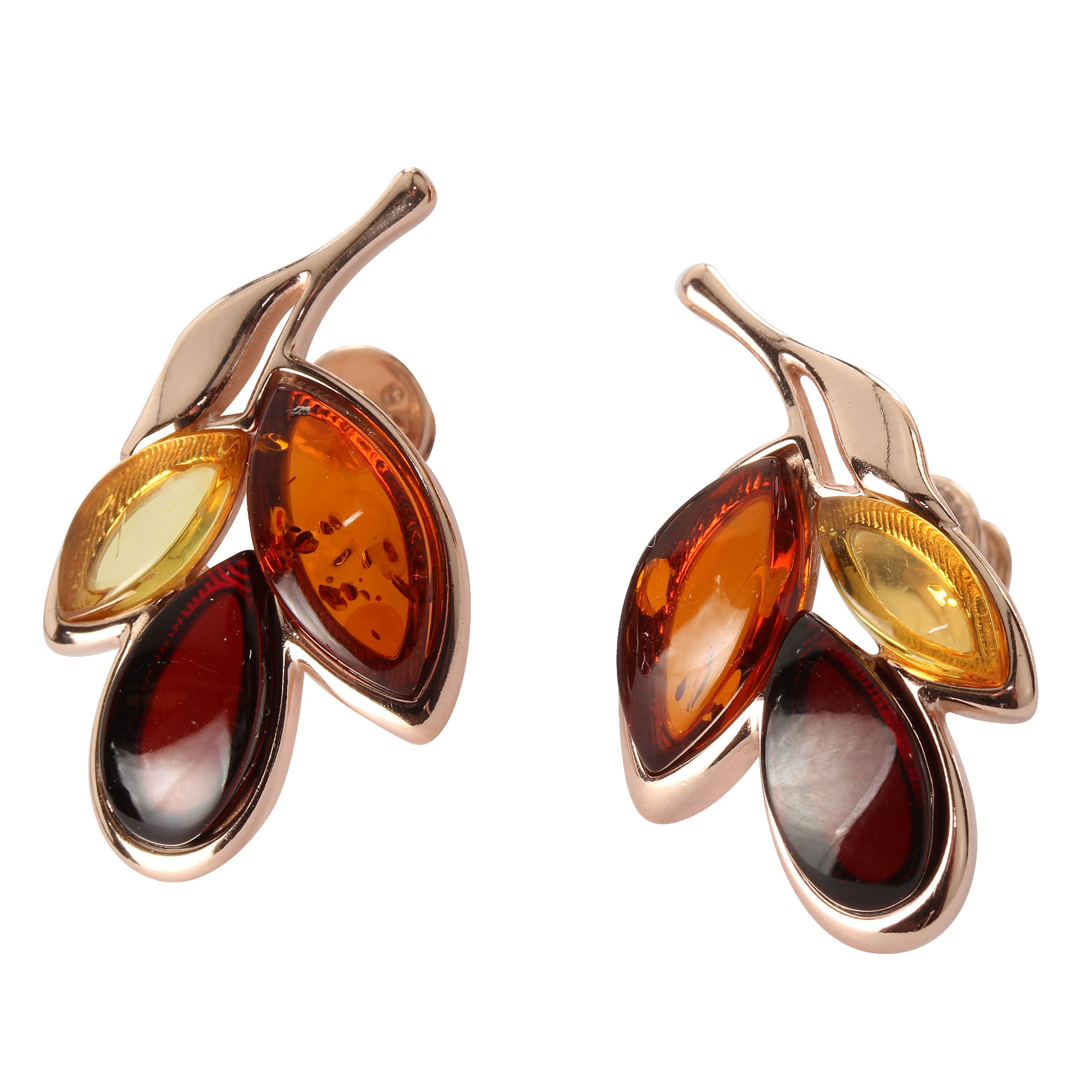 Sterling Silver Rose Gold Plated Triple Multicoloured Baltic Amber Earrings
