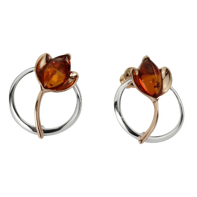 Sterling Silver Rose Gold Plated Baltic Amber Tulip Earrings