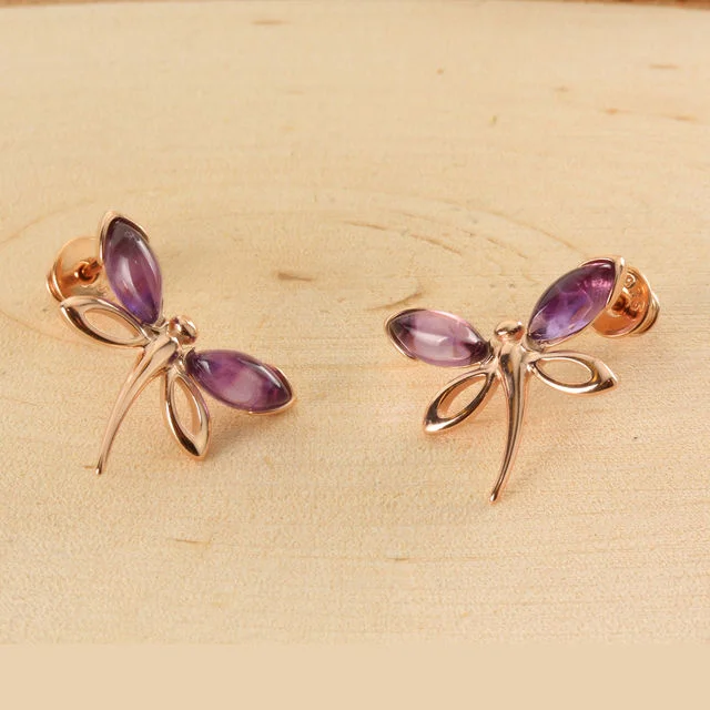 Rose Gold Plated Amethyst Dragonfly Earrings