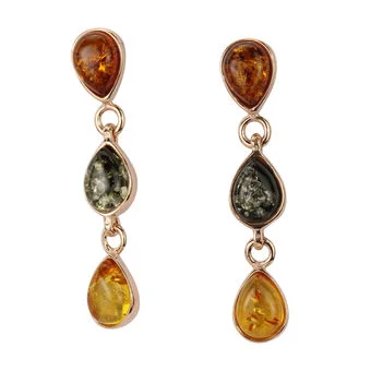 Triple Multicoloured Baltic Amber Rose Gold Plated Earrings Triple Multicoloured Baltic Amber Rose Gold Plated Earrings