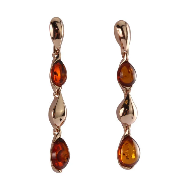 Rose Gold Plated Long Honey Baltic Amber Drop Earrings