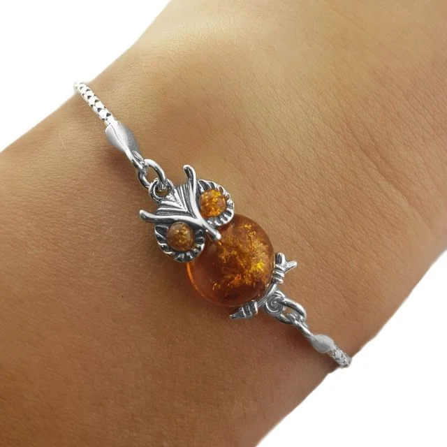 Sterling Silver Owl Slider Bracelet Baltic Amber