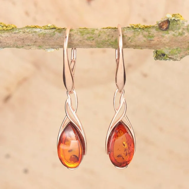 Honey Baltic Amber Rose Gold Sterling Silver Drop Earrings