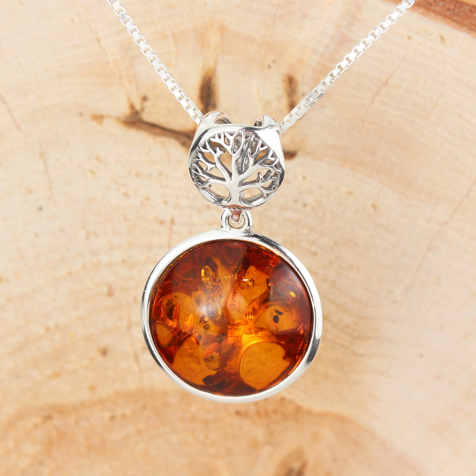 Sterling Silver Baltic Amber Tree Of Life Drop Pendant