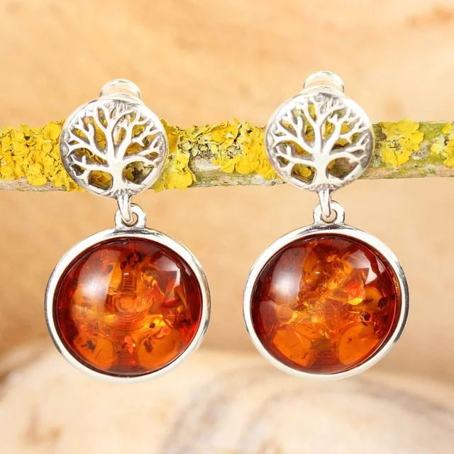 Honey Baltic Amber Sterling Silver Tree Of Life Earrings