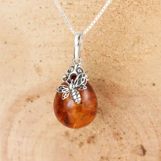 Honey Baltic Amber Bee Sterling Silver Pendant