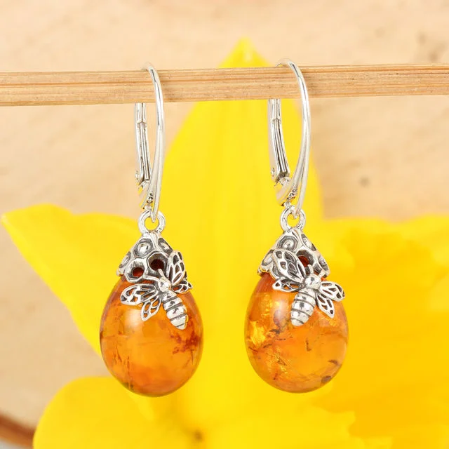 Honey Baltic Amber Bee Sterling Silver Drop Earrings