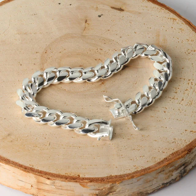 12mm Wide Miami Cuban Curb Bracelet Solid Sterling Silver Silver