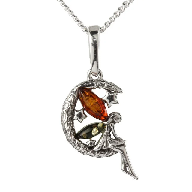 Baltic Amber Fairy in Moon Sterling Silver Pendant