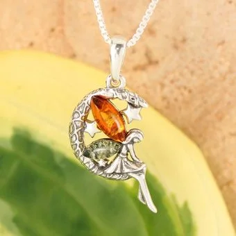 Baltic Amber Fairy in Moon Sterling Silver Pendant Baltic Amber Fairy in Moon Sterling Silver Pendant