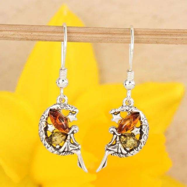 Multicoloured Baltic Amber Fairy Sterling Silver Drop Earrings