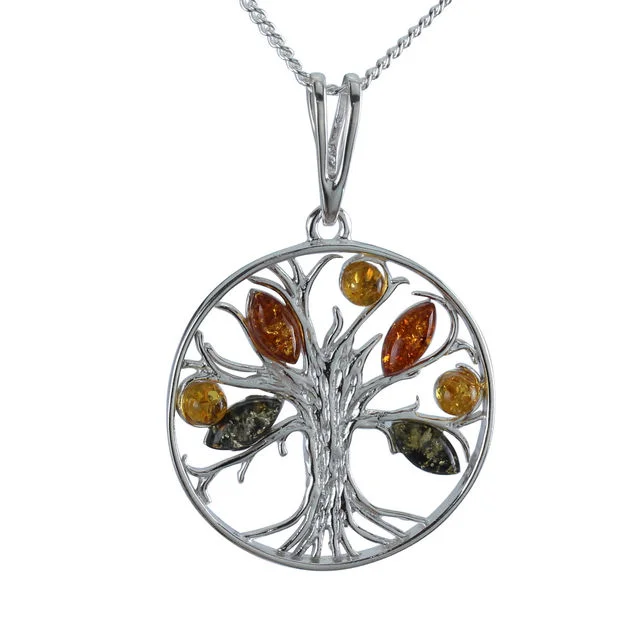 Large Round Baltic Amber Tree of Life Pendant