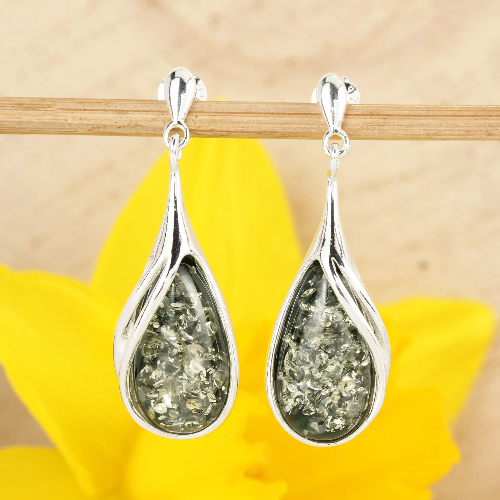 Orecchini Rettangolari In Argento 925 E Ambra Baltica Naturale | SilverAmber 8549, Confezione Regalo Ecologica
