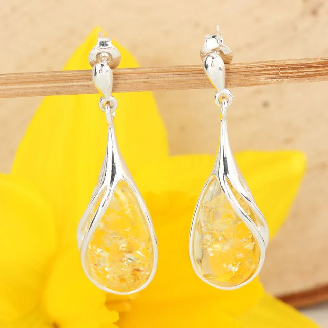 Lemon Baltic Amber Pear Drop Earrings