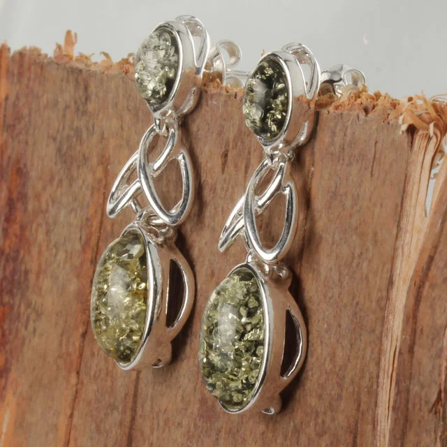 Double Drop Oval Green Baltic Amber Sterling Silver Celtic Earrings