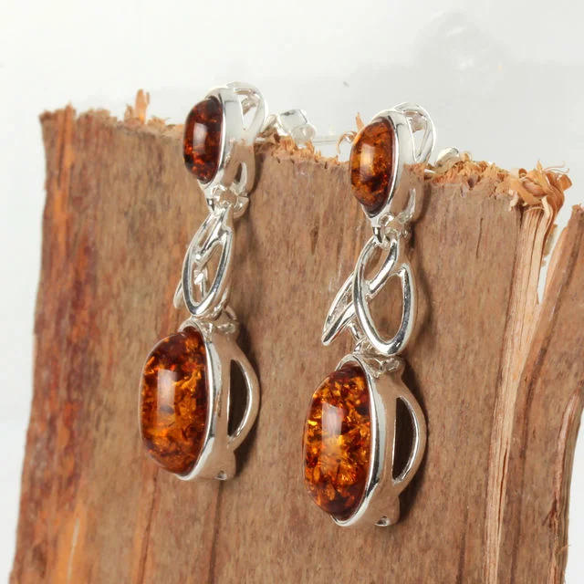 Double Set Oval Baltic Amber Sterling Silver Celtic Earrings