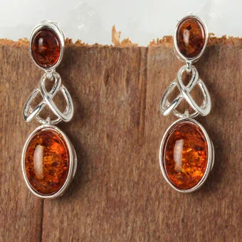Cognac Baltic Amber Double Drop Sterling Silver Celtic Earrings Cognac Baltic Amber Double Drop Sterling Silver Celtic Earrings