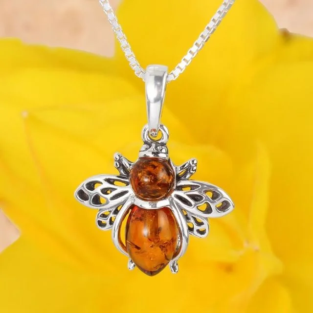 Sterling Silver Honey Bee Baltic Amber Pendant