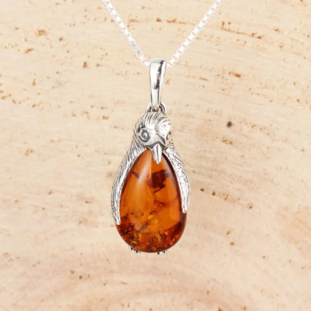 Sterling Silver Penguin Pendant Set With Baltic Amber