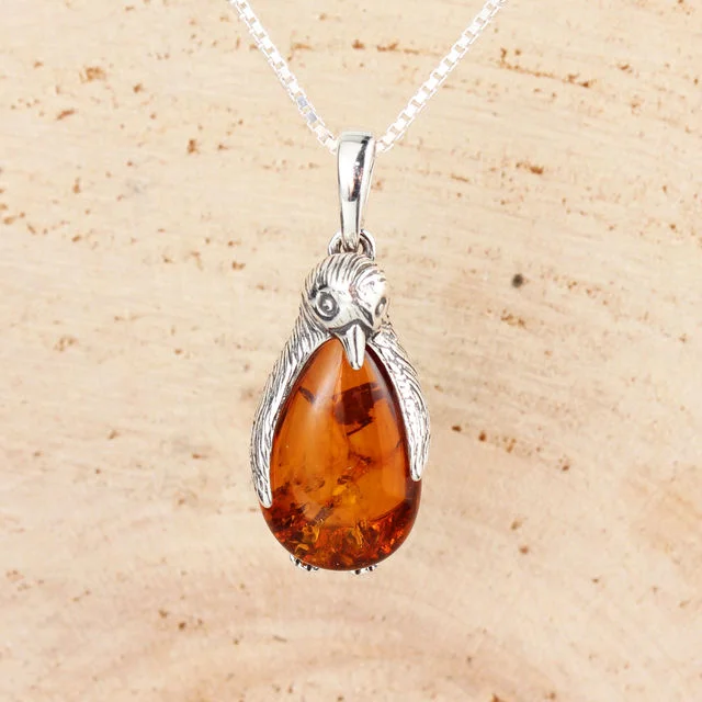 Honey baltic Amber Sterling Silver Penguin Pendant