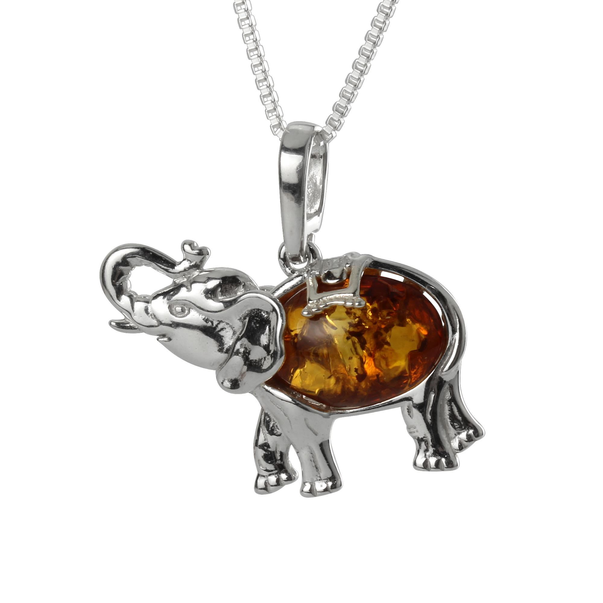 Cognac Baltic Amber 925 Sterling Silver Elephant Pendant Chain Necklace