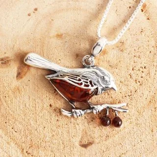 Cognac Baltic Amber Sterling Silver Robin Pendant