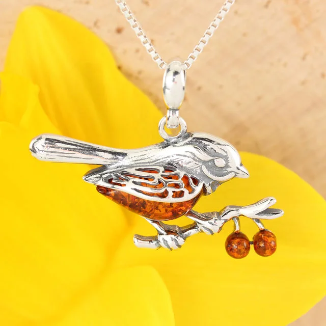 Cognac Baltic Amber Robin Sterling Silver Pendant