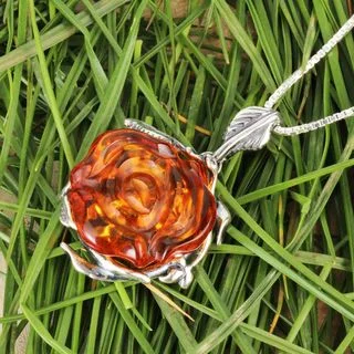 Honey Baltic Amber Sterling Silver Rose Pendant