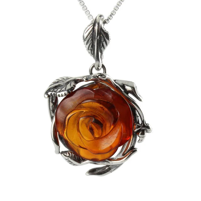 Hand Carved Baltic Amber Rose Pendant