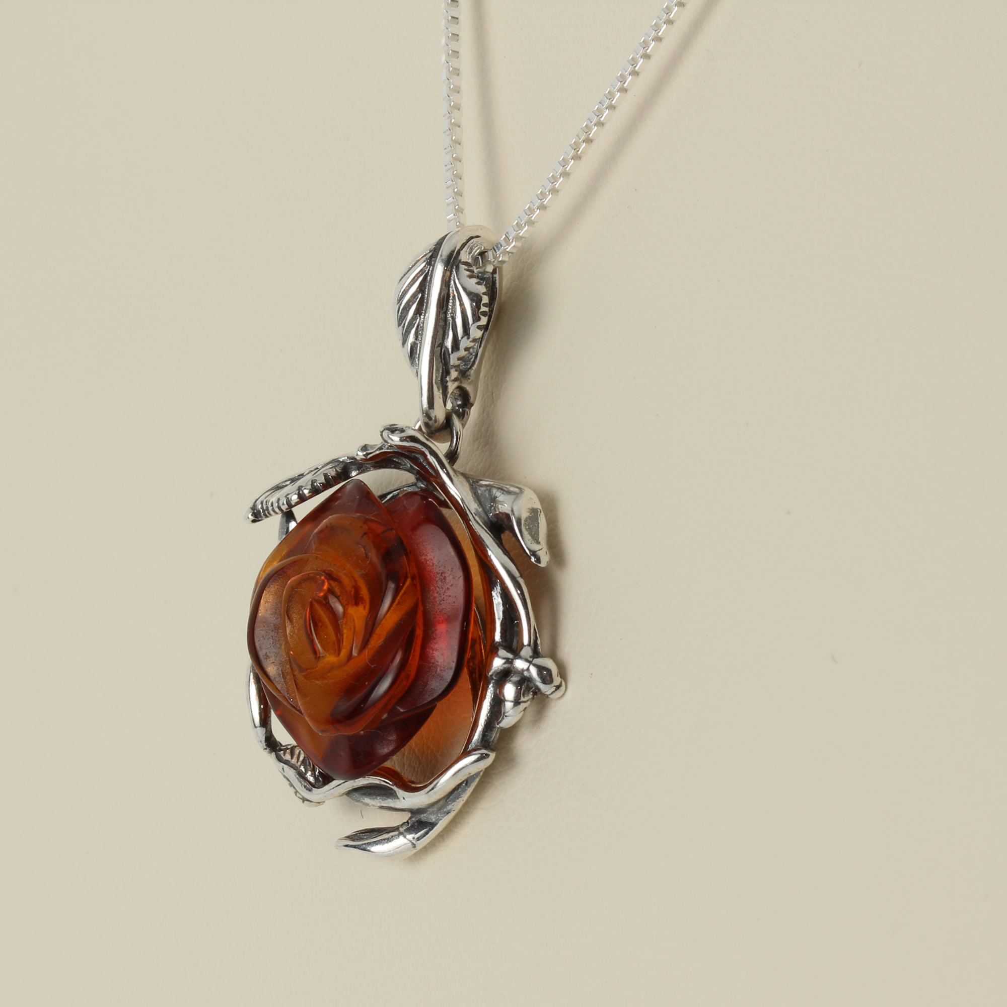 Hand Carved Baltic Amber Rose Pendant 
