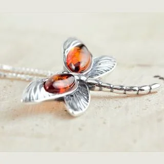 Honey Baltic Amber Sterling Silver Dragonfly Pendant