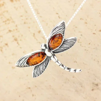 Oxidised Sterling Silver Baltic Amber Dragonfly Pendant