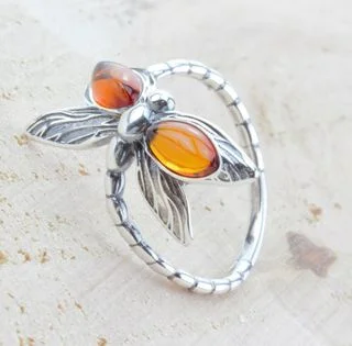 Baltic Amber Sterling Silver Dragonfly Ring
