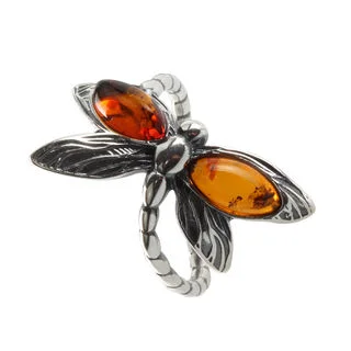 Oxisided Sterling Silver Amber Dragonfly Ring