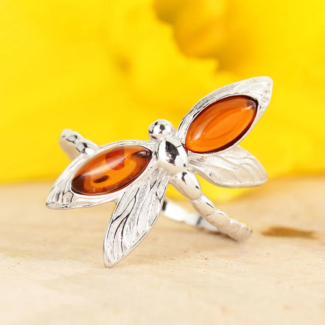 Honey Baltic Amber Dragonfly Sterling Silver Ring