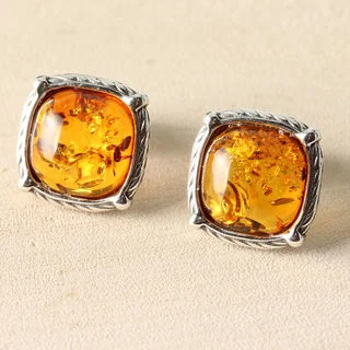 Rope Edged Square Honey Baltic Amber Stud Earrings