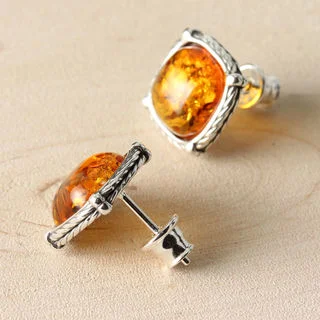 Square Honey Baltic Amber Sterling Silver Earrings