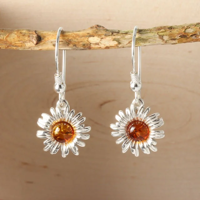 Sterling Silver Baltic Amber Sunflower Drop Earrings