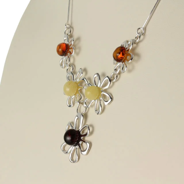 Sterling Silver Baltic Amber Flower Necklace