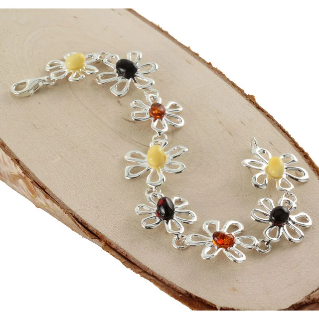 Multicoloured Baltic Amber Flower Bracelet