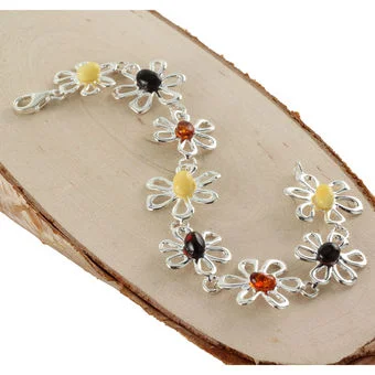 Multicoloured Baltic Amber Flower Bracelet Sterling Silver Multicoloured Baltic Amber Flower Bracelet Sterling Silver