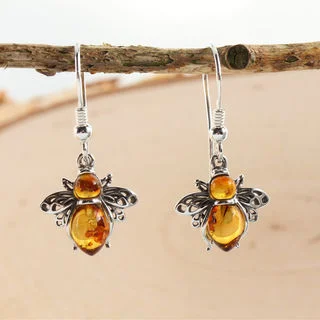 Baltic Amber Sterling Silver Honey Bee Drop Earrings