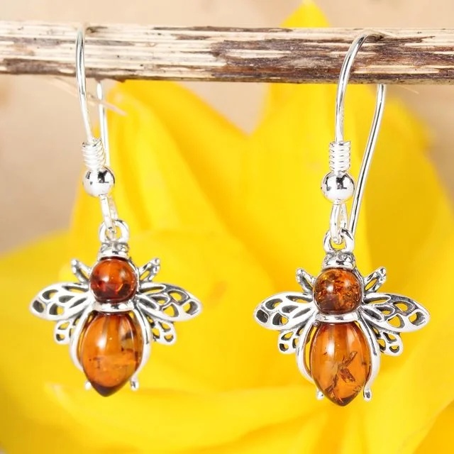 Honey baltic Amber Bee Sterling Silver Drop Earrings