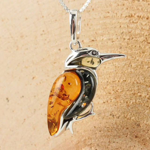 Honey and Green Baltic Amber Kingfisher Pendant