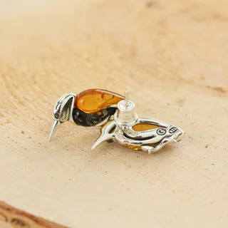 Sterling Silver Baltic Amber Kingfisher Earrings