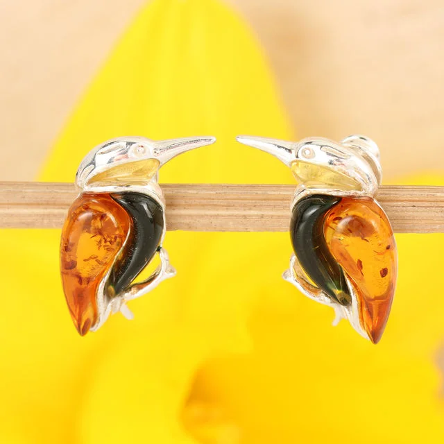 Honey and Green Baltic Amber Kingfisher Sterling Silver Stud Earrings