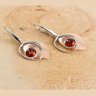 Baltic Amber and Rose Gold Plated Leaf Design Earrings