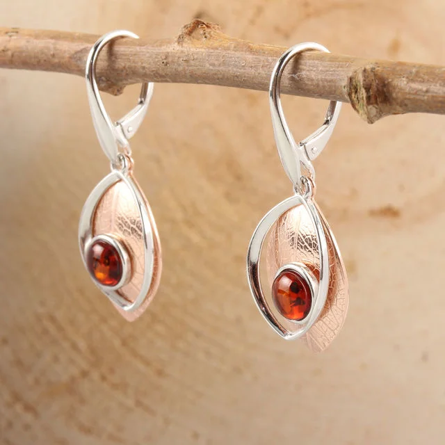 Baltic Amber Sterling Silver Rose Gold Plated Leaf Earrings